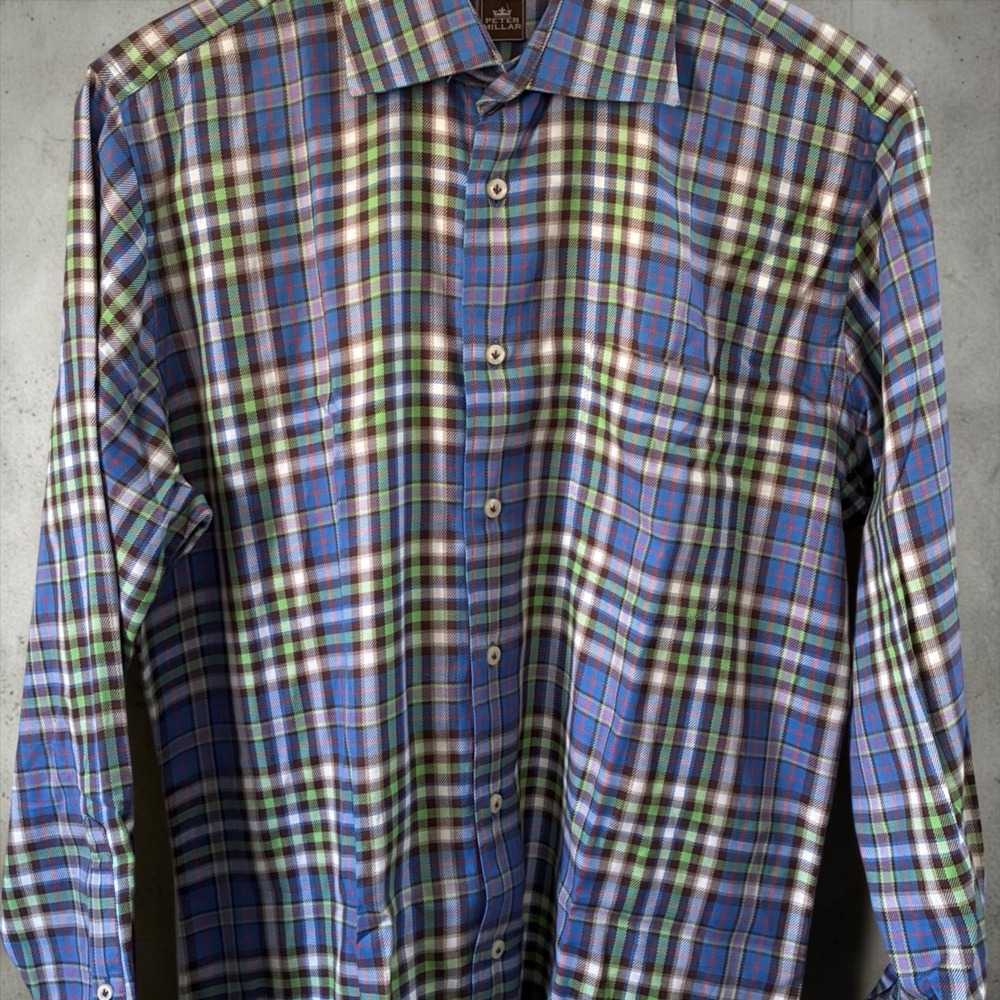 Peter Millar Mens Blue Green Plaid Cotton Button Down Shirt MF12D03 Medium - Picture 4 of 12
